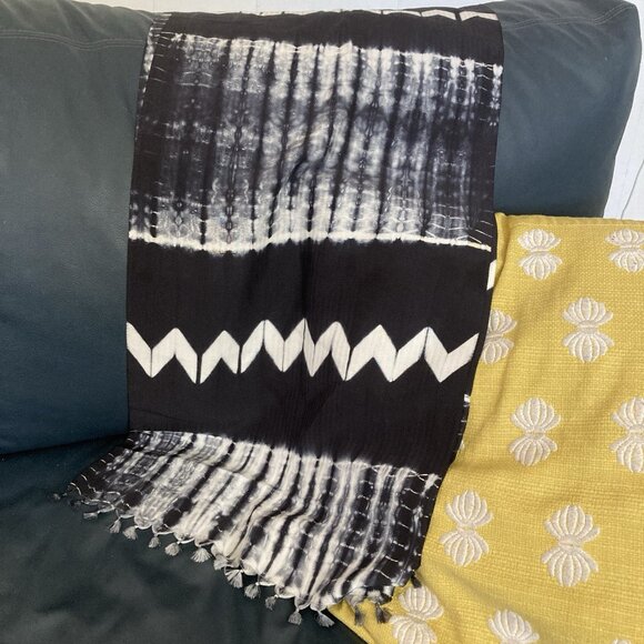 ARTISNAL Wide Scarf Hand Dyed Tribal Geometric Design Black Crepe Silk - Picture 9 of 12